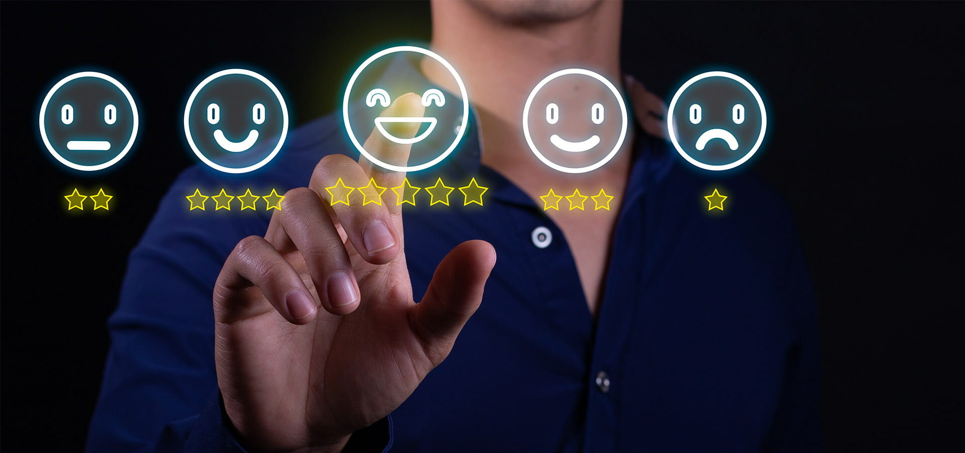 Man clicking smiley face survey