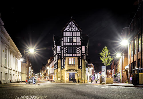 View of night Leicester, a city in England’s East Midlands region, in Christmas time